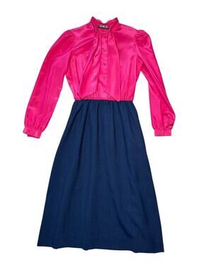 Vintage 70s / 80s Tone Two Pink Navy Belted Pussybow Dress Size Small